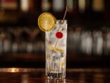 Tom Collins Cocktail in einem hohen Glas mit Zitronenscheibe und Strohhalm, serviert auf einem Holztisch