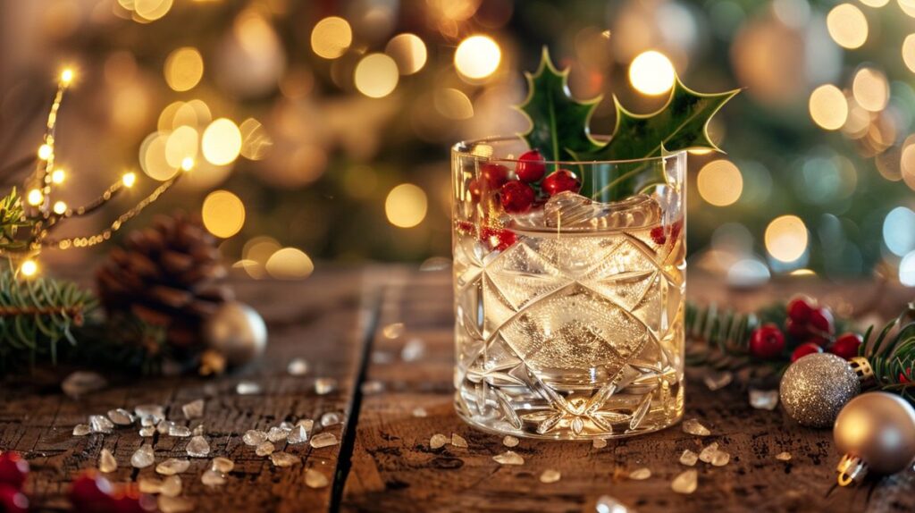 Weihnachtscocktail mit Gin, Zimtstangen und Orangenscheiben dekoriert, festliche Atmosphäre