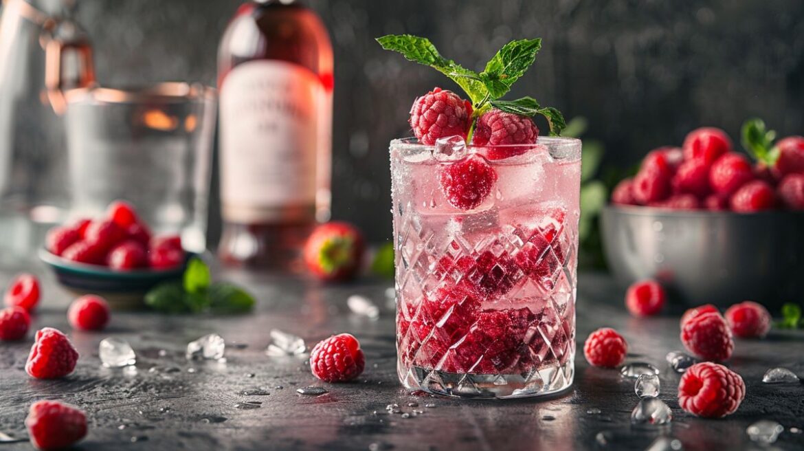 Raspberry Gin mit was mischen, leckere Cocktailzutaten und frische Himbeeren auf einem Holztisch