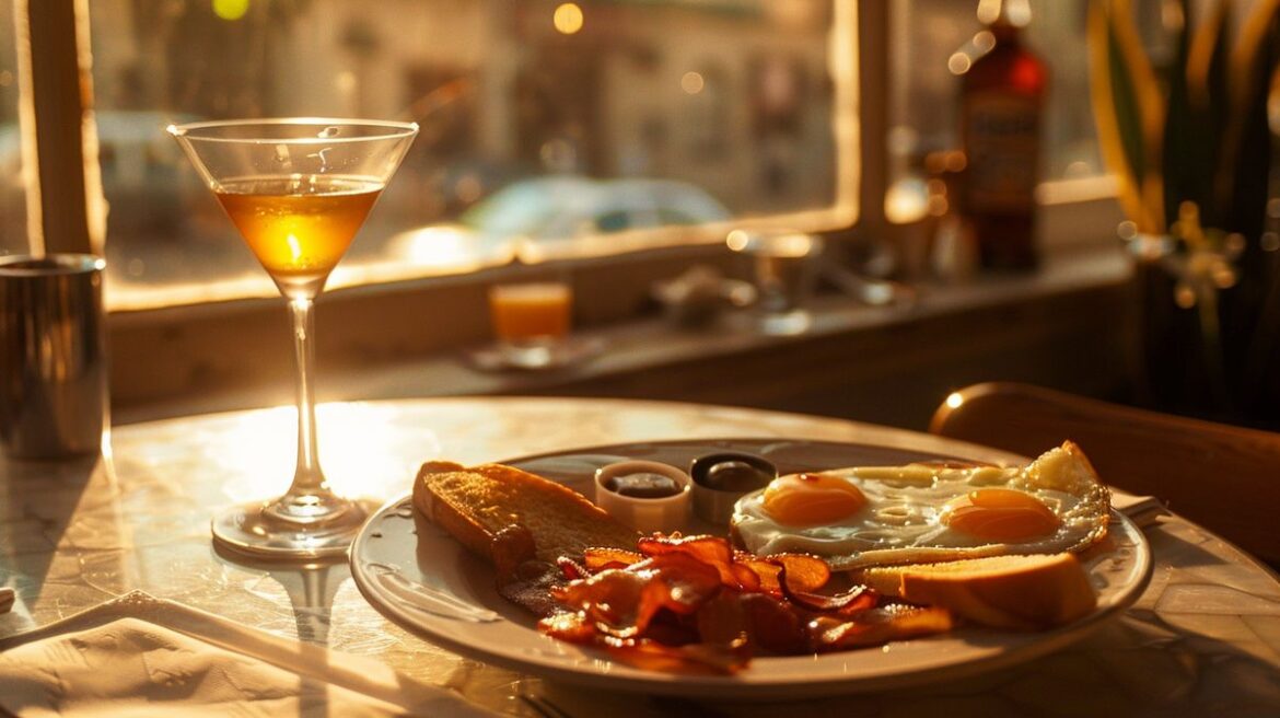 Frühstück Martini Cocktail mit Orangenscheibe und Minze garniert
