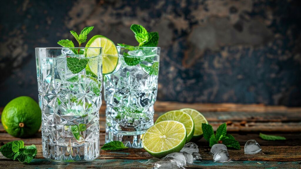 Gin und Julep Cocktail in stilvollem Glas, garniert mit einer Zitronenscheibe und Minzblatt