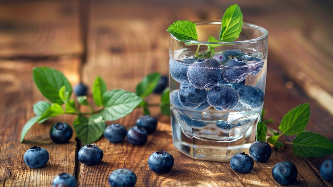 Glas mit Gin mit Blaubeeren garniert, auf rustikalem Holztisch mit sanfter Beleuchtung
