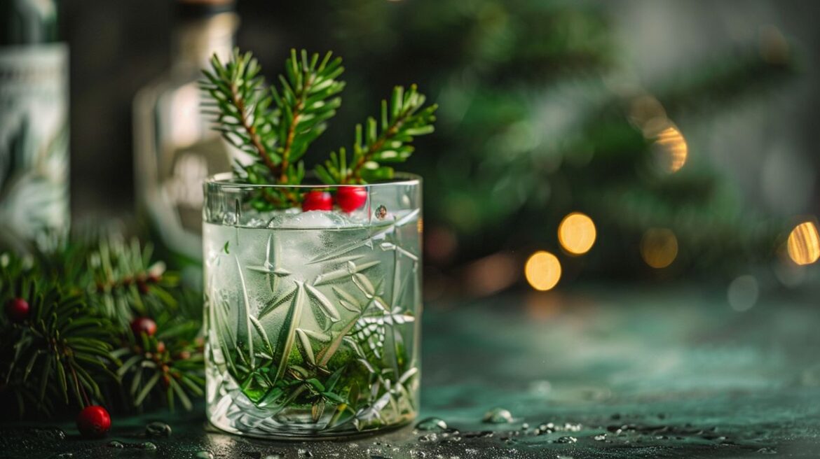 Flasche Tannenspitzen Likör mit Gin umgeben von frischen Tannenzweigen auf rustikalem Holztisch