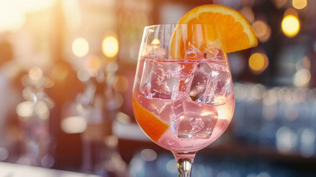 Martini Rosato Spritz Cocktail in einem eleganten Glas garniert mit einer Orangenscheibe und Rosmarin auf einem Holztisch