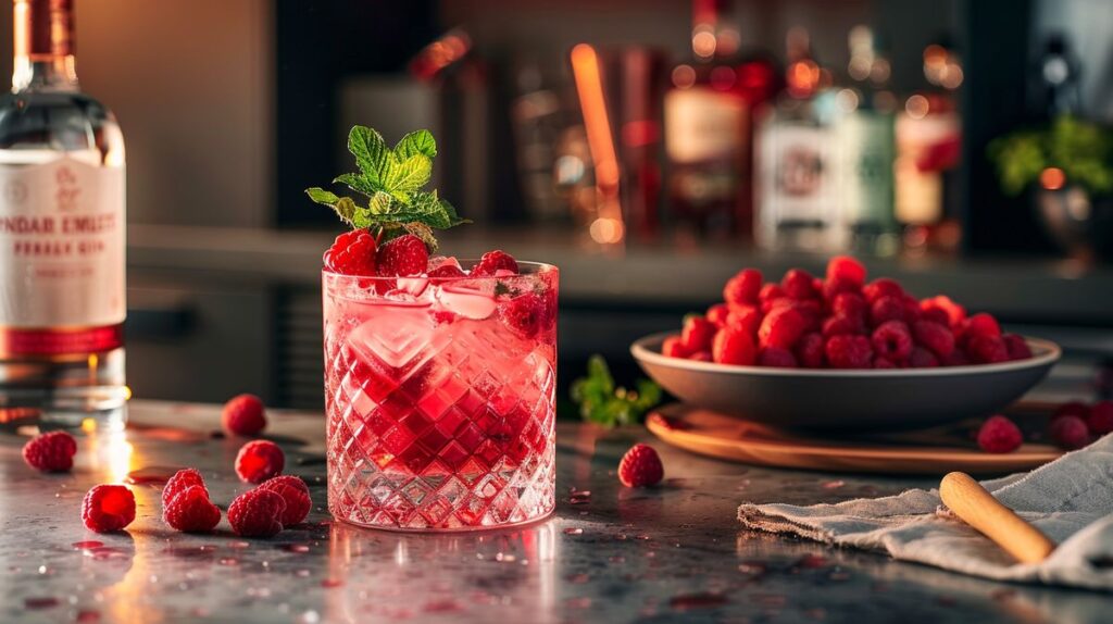 Raspberry Gin mit was mischen: Cocktailglas mit spritzigem Himbeer-Gin Tonic und frischen Himbeeren