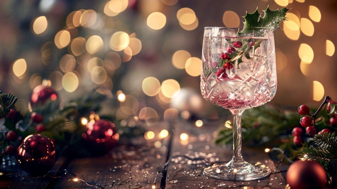 Weihnachtscocktail mit Gin, Zimtstangen und Sternanis dekoriert, festliche Getränkepräsentation