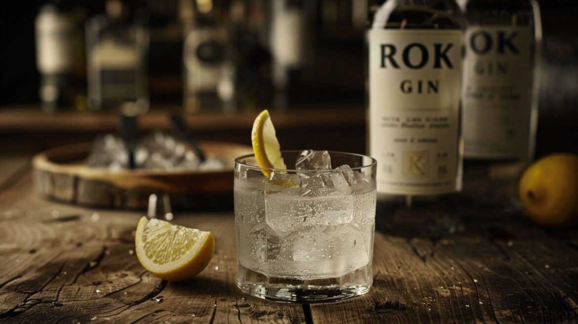 Flasche Roku Gin auf rustikalem Holztisch, umgeben von Botanicals, perfekt für eine detaillierte Roku Gin Bewertung