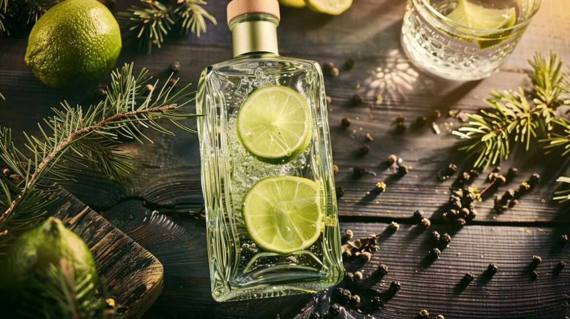 Flasche No 3 Gin mit elegantem Glas und frischen Botanicals auf einem Holztisch