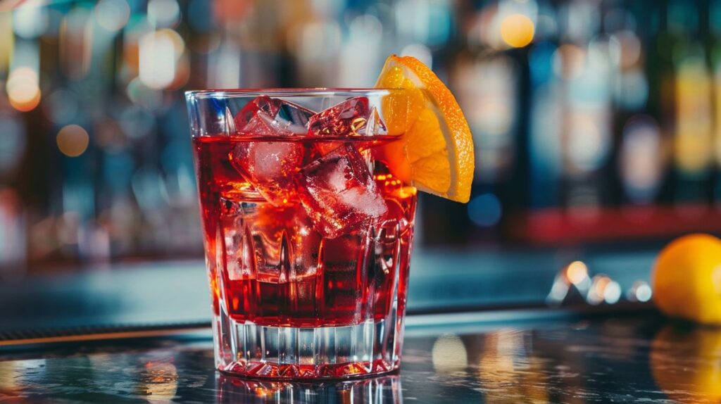 Negroni alkoholfrei Cocktail in einem stilvollen Glas, garniert mit einer Orangenscheibe