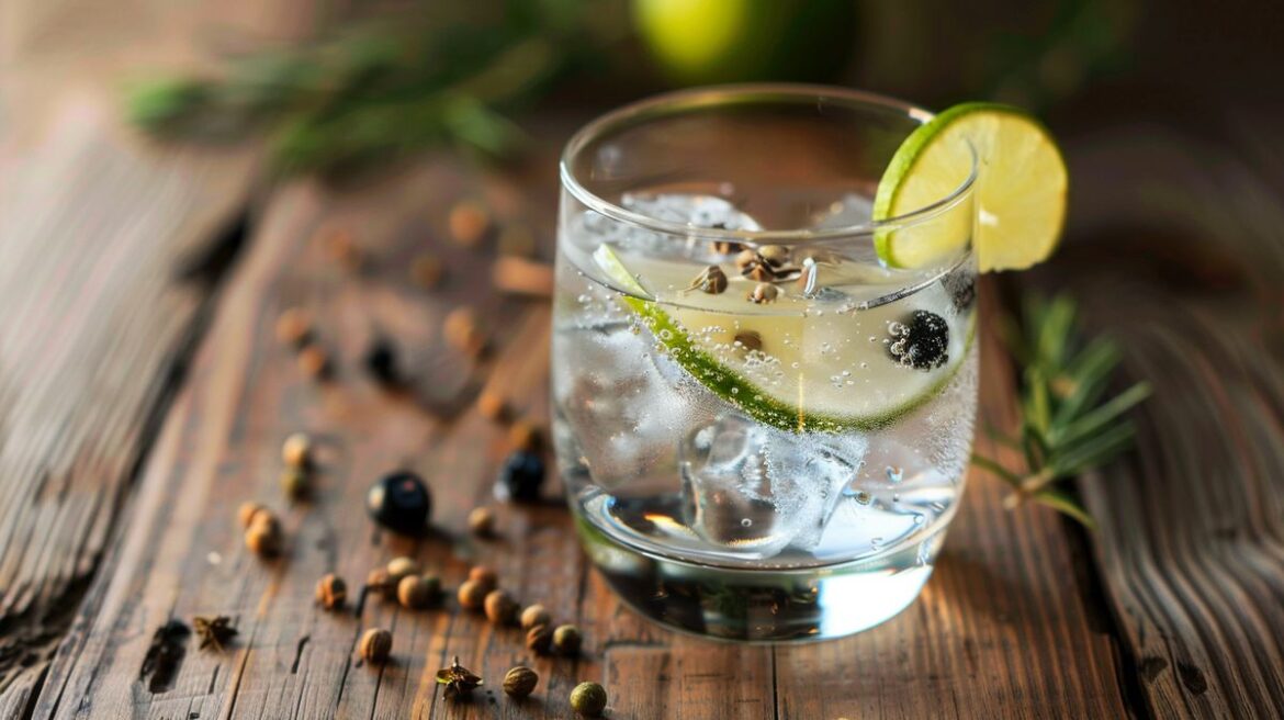 Gin Tonic mit Wacholderbeeren und frischer Limette auf einem Holztisch