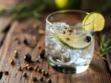 Gin Tonic mit Wacholderbeeren und frischer Limette auf einem Holztisch