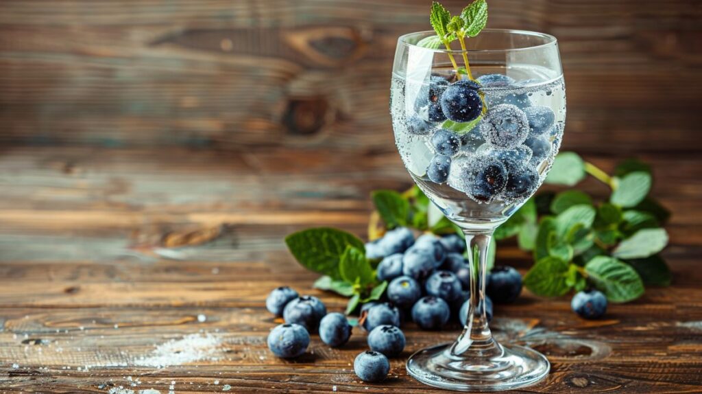 Glas Gin mit Blaubeeren und Eis auf rustikalem Holztisch