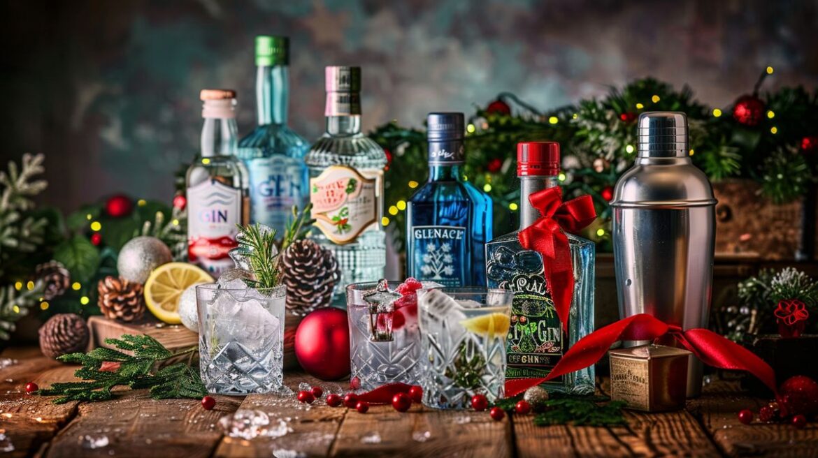 Perfektes Geschenk für Gin Liebhaber mit verschiedenen Gin-Sorten und Tonic auf einem Holztisch