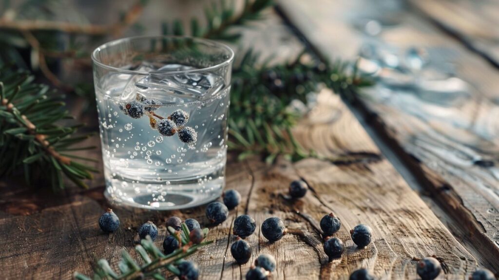 Gin mit Wacholderbeeren in einem eleganten Glas, umgeben von frischen Wacholderzweigen und Beeren