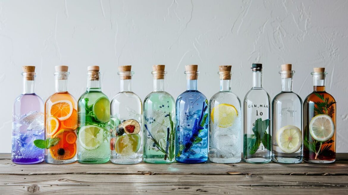 Gin Test die besten 10: Auswahl an hochwertigen Gin-Flaschen auf Holztisch arrangiert