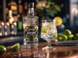 Flasche Sipsmith Gin neben einem Glas mit Eis und Limette auf einem Holztisch