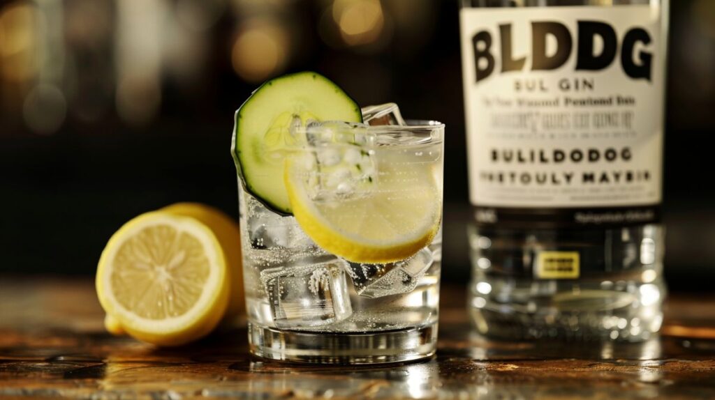 Bulldog Gin mit Gurke oder Zitrone in einem eleganten Glas serviert, perfekt für einen erfrischenden Cocktail