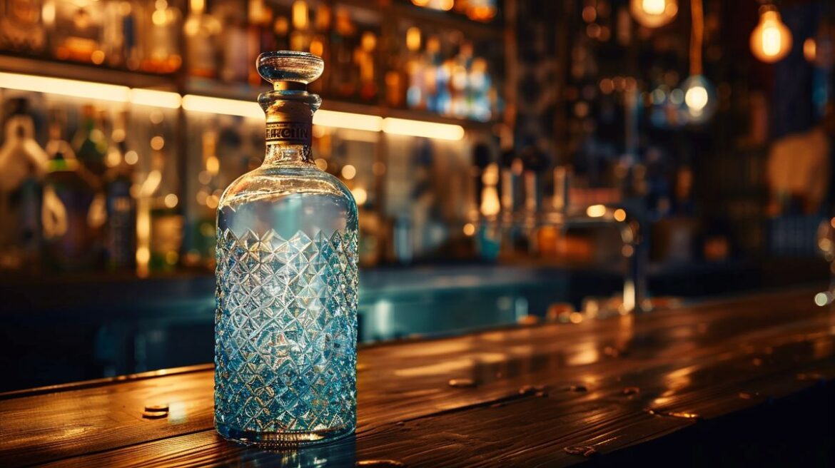 Besonderer Gin in einer stilvollen Flasche mit botanischen Zutaten im Hintergrund
