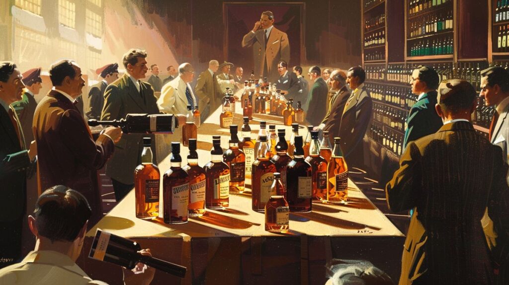 An auction scene with various types of whisky bottles displayed on a long table, with people bidding and an auctioneer holding a gavel.