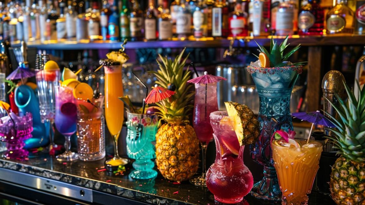 Ausgefallene Cocktails in stilvollem Glas auf eleganter Bartheke