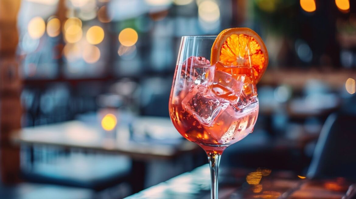 Martini Rosato Spritz Cocktail in einem eleganten Glas garniert mit einer Orangenscheibe und Rosmarin, serviert auf einem Holztisch