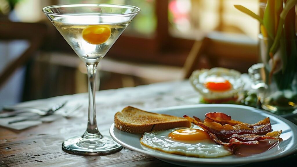 Frühstück Martini Cocktail mit Orangenschale und Eiswürfeln auf eleganter Bartheke