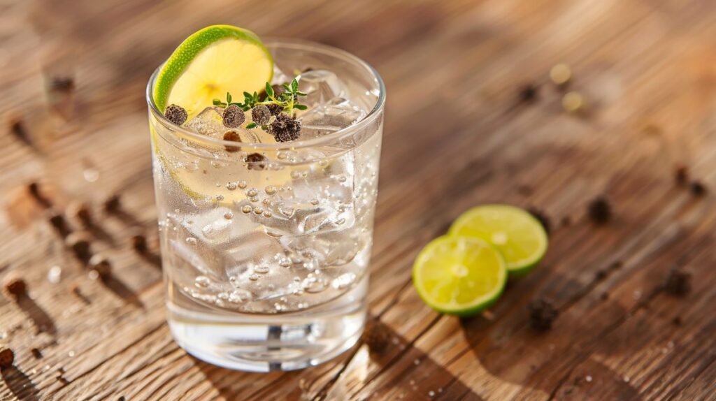 Gin Tonic mit Wacholderbeeren und Limettenscheibe in einem eleganten Glas