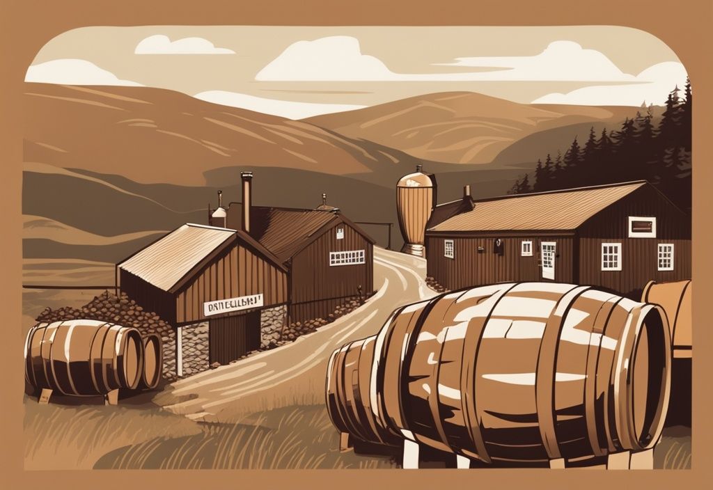 Moderne Illustration einer traditionellen Brennerei in den schottischen Highlands, mit Whiskyfässern und Getreide, Hauptfarbthema braun