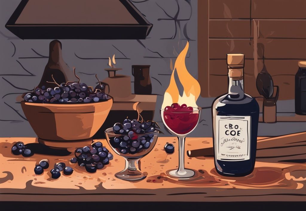 Moderne Malerei-Illustration einer rustikalen Küchenszene mit Schlehen, einer Gin-Flasche und einem brennenden Cocktail, die den Prozess der Zubereitung eines Schlehenfeuer Rezepts zeigt.