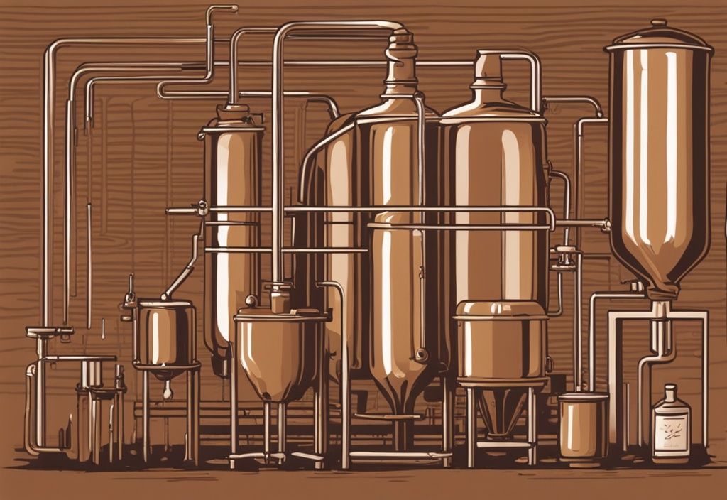 Moderne Illustration der Wodkaproduktion in Brauntönen, die den detaillierten Prozess von der Getreidefermentation bis zur Destillation und Abfüllung zeigt.