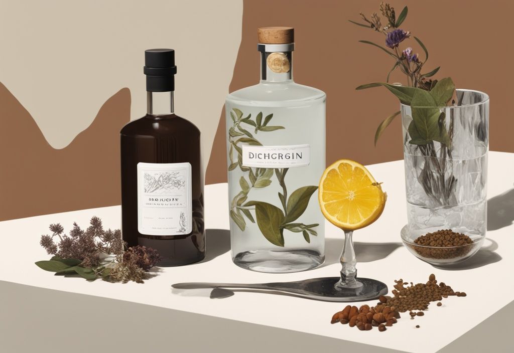 Moderne Illustration eines Gemäldes mit braunem Farbschema, eine Flasche Deichgraf Gin auf einem Tisch, umgeben von Botanicals, die bei der Herstellung verwendet werden, und ein Verkostungsglas mit Gin in der Nähe - Deichgraf Gin Test.