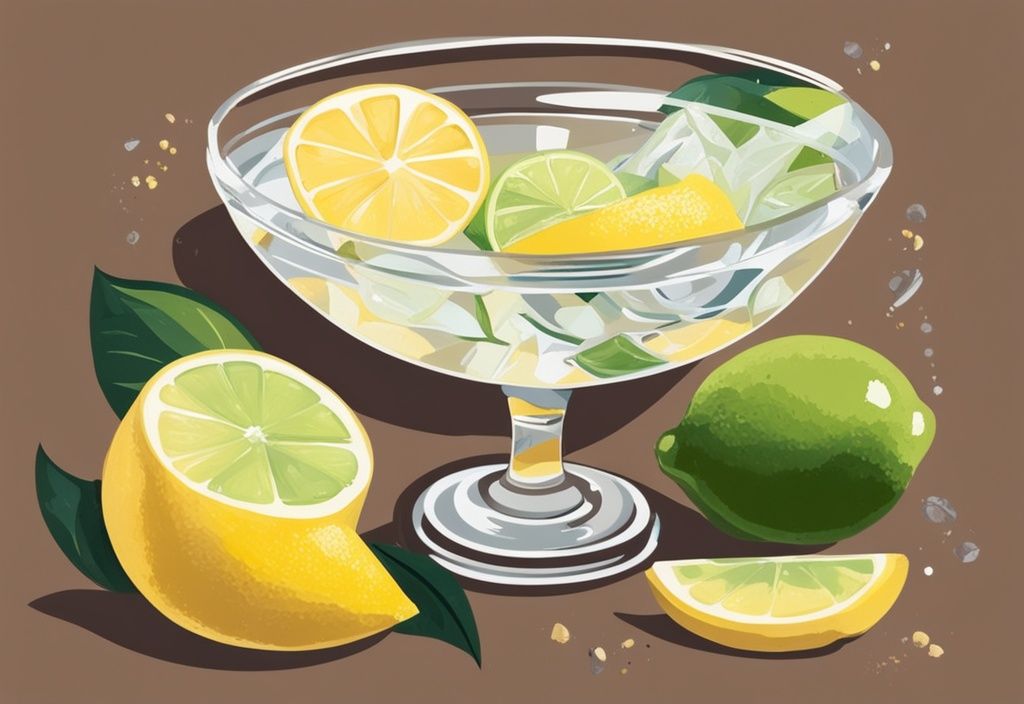 Moderne Malerei-Illustration mit braunem Farbschema, zeigt eine große Kristallschale mit einem lebhaften Zitrus-Gin-Cocktail, umgeben von frischen Zutaten wie Zitronen, Limetten und einer Flasche Premium-Gin.