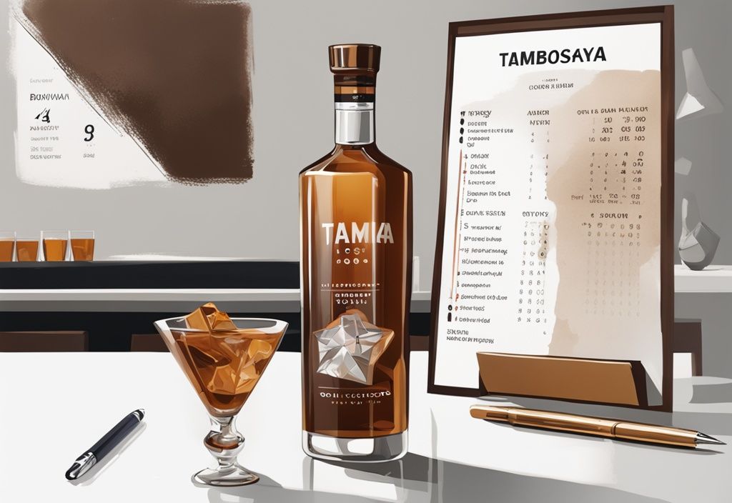 Moderne Malerei in Brauntönen, kristallklares Glas Tambovskaya Vodka auf stilvoller Theke, daneben Bewertungsbogen und Stift für den Tambovskaya Vodka Test.