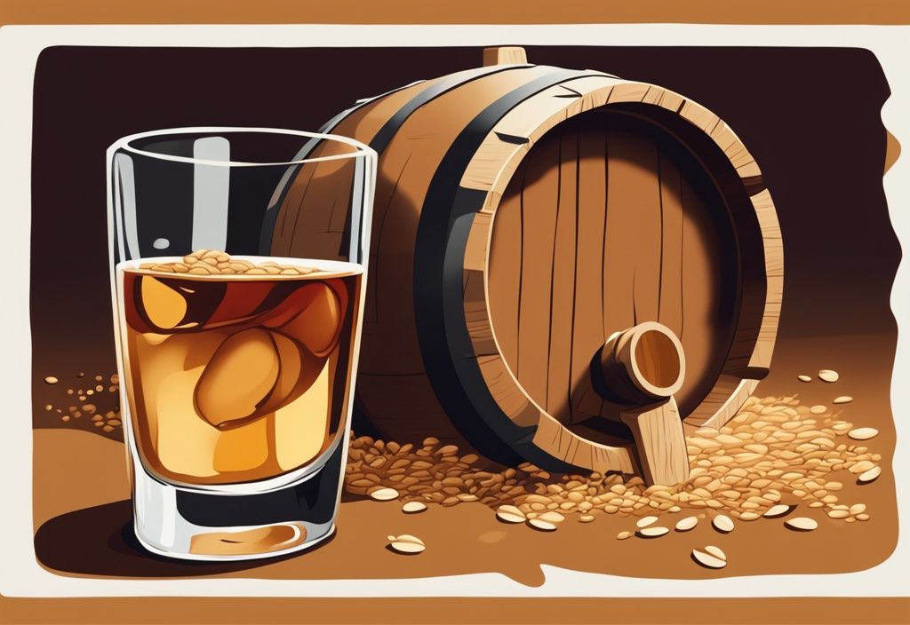 Nahaufnahme von goldenem Getreidewhisky in einem Glas, mit verstreuten Körnern und einem Whiskyfass im Hintergrund, moderne Malerei Illustration in Brauntönen.