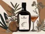 Moderne Illustration mit braunem Farbthema, Deichgraf Gin Flasche auf einem Tisch mit Botanicals und einem gefüllten Tasting-Glas, Deichgraf Gin Test