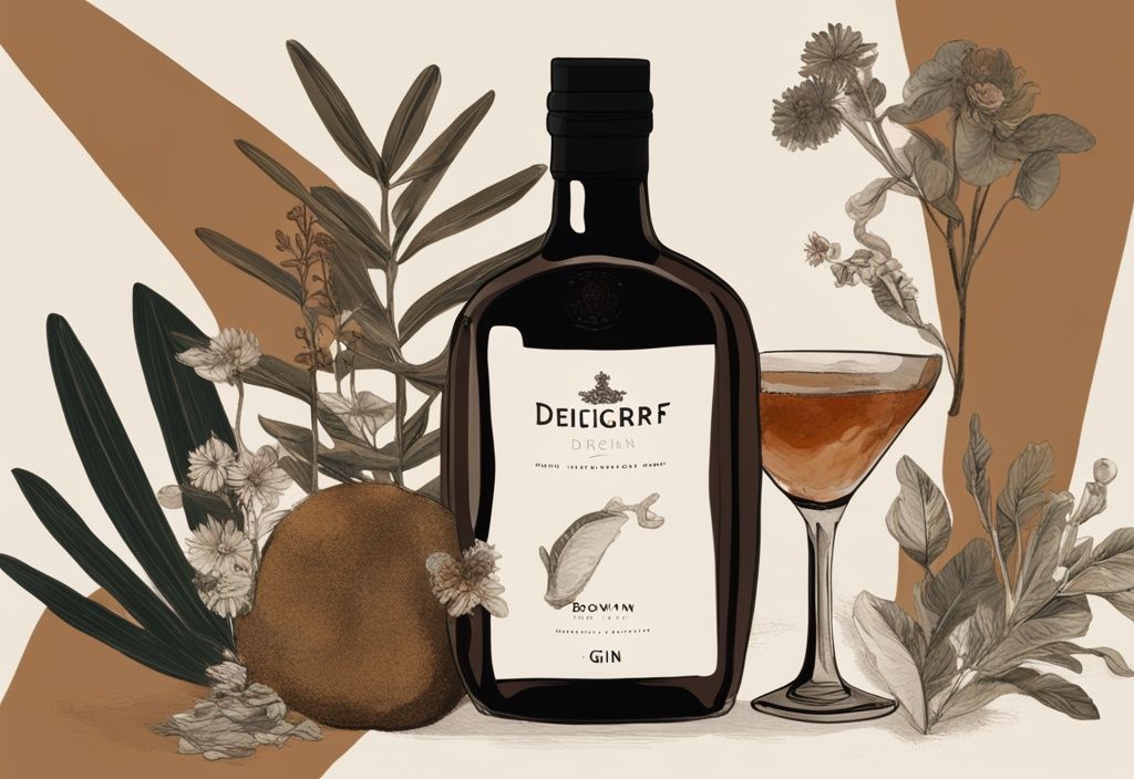 Moderne Illustration mit braunem Farbthema, Deichgraf Gin Flasche auf einem Tisch mit Botanicals und einem gefüllten Tasting-Glas, Deichgraf Gin Test