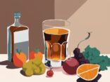 Moderne Illustration eines Whiskyglases neben verschiedenen Früchten, Gemüse und einem Maßband, das Konzept der Gesundheit symbolisierend, wie gesund ist Whisky