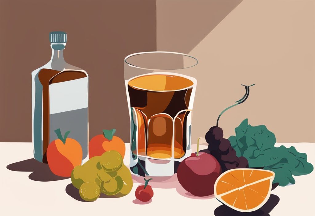 Moderne Illustration eines Whiskyglases neben verschiedenen Früchten, Gemüse und einem Maßband, das Konzept der Gesundheit symbolisierend, wie gesund ist Whisky