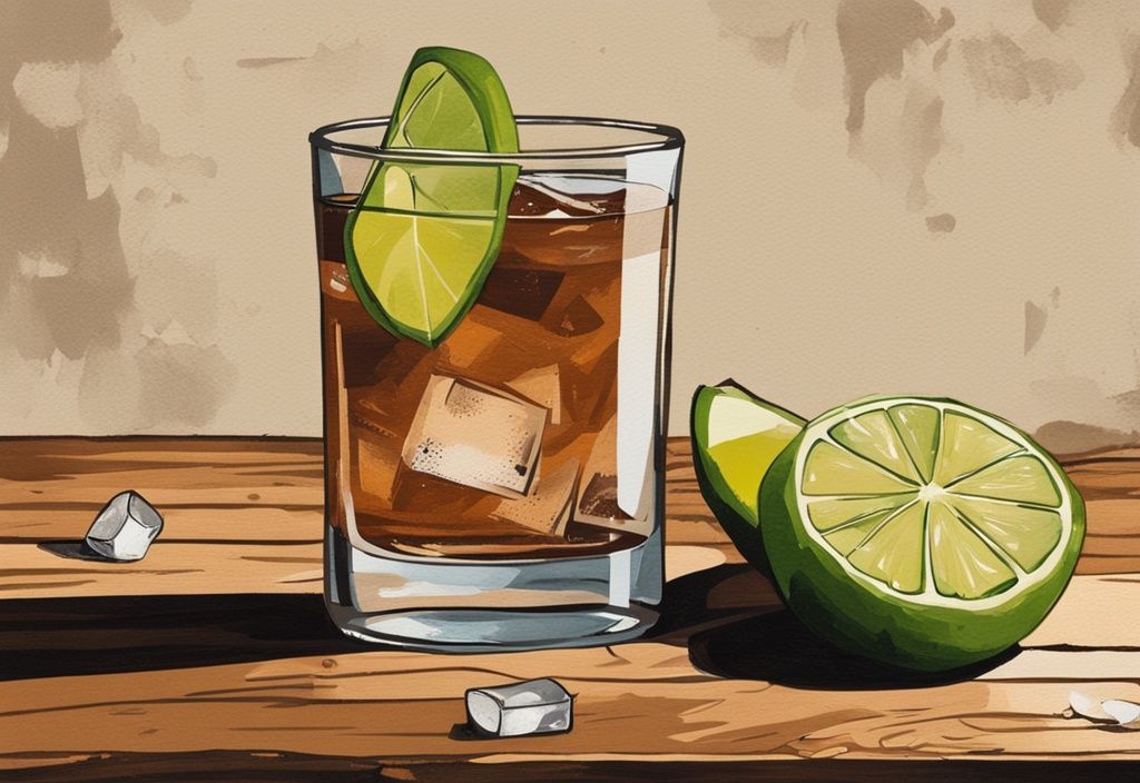 Moderne Malerei mit braunem Farbschema zeigt ein Highball-Glas mit Gin und süßem Mixer, garniert mit einer Limettenscheibe, auf einem rustikalen Holztisch neben einer Schale mit Zuckerwürfeln und einer kleinen Flasche Gin.