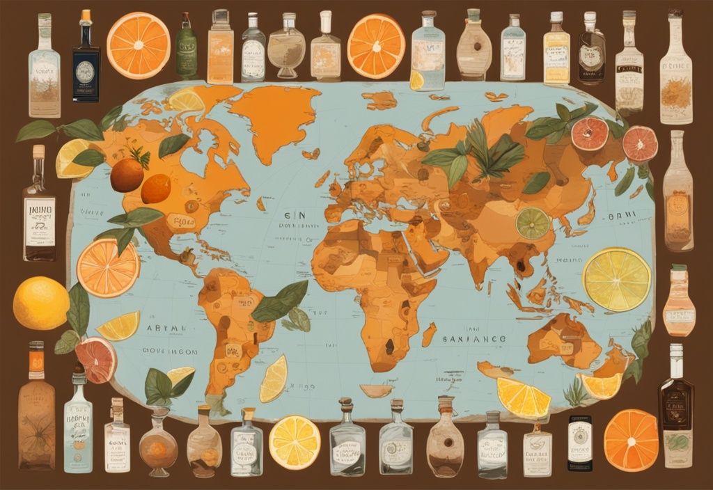 Moderne Illustration einer Weltkarte mit Ginflaschen, Zitrusfrüchten und Botanicals, berühmte Gins aus verschiedenen Ländern hervorgehoben, Farbschema braun