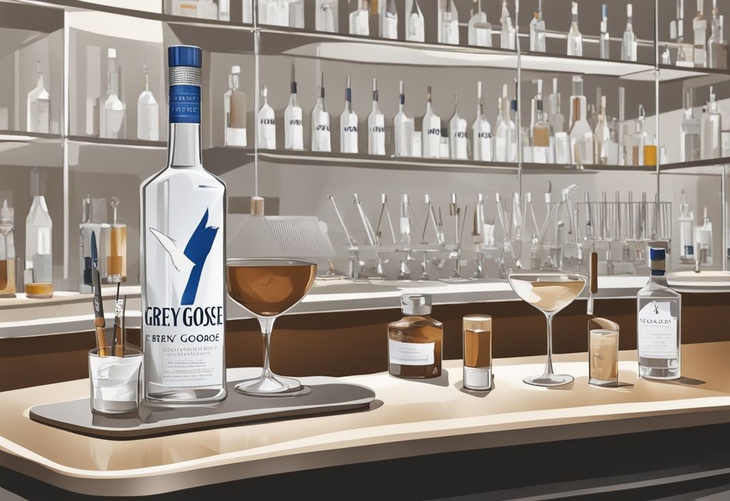 Moderne Malerei-Illustration mit braunem Farbthema, elegante Grey Goose Vodka-Flasche auf einer stilvollen Bartheke, umgeben von Testgeräten wie einem Hydrometer, einem Thermometer und einem Verkostungsglas.