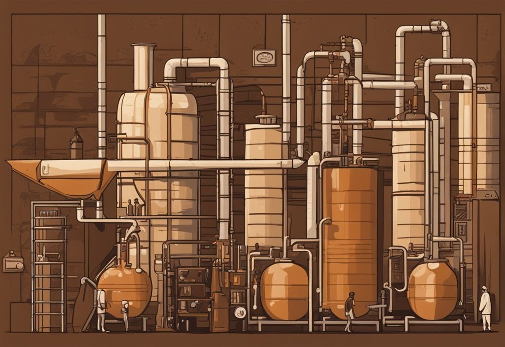 Moderne Illustration der Wodkaherstellung mit braunem Farbschema, zeigt Rohstoffe wie Getreide oder Kartoffeln, Fermentationstanks, Destillationskolonnen und das abgefüllte Endprodukt, wie wird Vodka hergestellt.