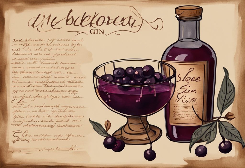 Moderne Malerei Illustration einer rustikalen Küchenszene mit braunem Farbschema, einer Flasche Schlehenlikör, einer Schüssel frischer Schlehenbeeren, einem brennenden Cocktailglas und einem handgeschriebenen Schlehenfeuer-Rezept auf Pergamentpapier im Hintergrund.