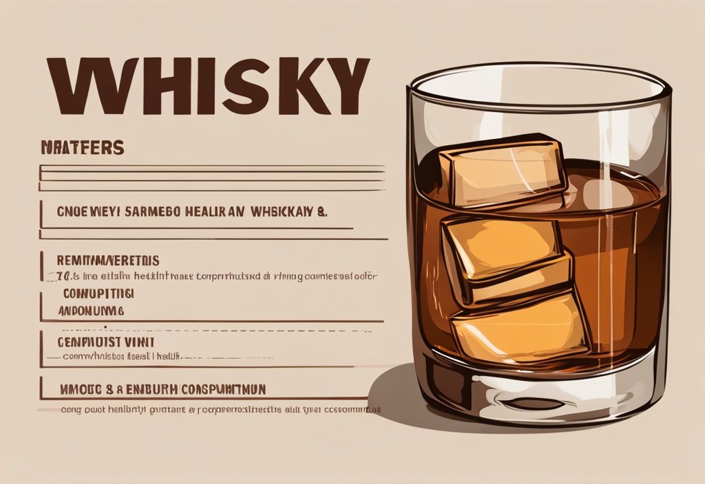 Moderne Illustration eines Whiskyglases mit braunem Farbschema und Liste gesundheitlicher Vorteile moderaten Whisky-Konsums