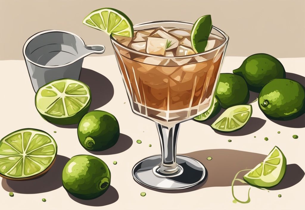 Moderne Malerei-Illustration mit braunem Farbschema, Draufsicht auf einen frisch gemachten Gimlet-Cocktail in einem Kristallglas, umgeben von Limettenscheiben, Gin und Zuckersirup, Gimlet Rezept