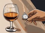 Nahaufnahme einer Hand, die ein Glas Whisky mit einem Thermometer hält, das die ideale Trinktemperatur von Whisky anzeigt, vor einem modernen Gemälde mit braunem Farbschema.