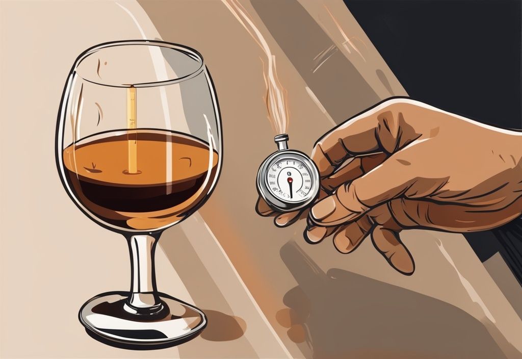 Nahaufnahme einer Hand, die ein Glas Whisky mit einem Thermometer hält, das die ideale Trinktemperatur von Whisky anzeigt, vor einem modernen Gemälde mit braunem Farbschema.