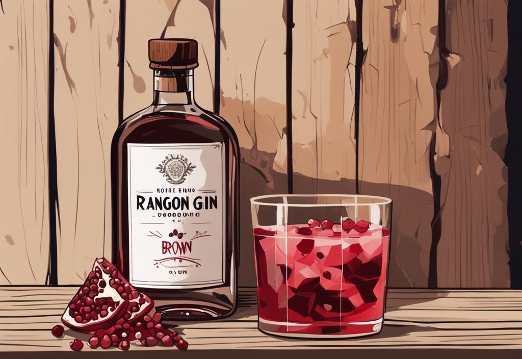 Modernes Gemälde mit braunem Farbschema, Ruby of Rangoon Gin Flasche auf rustikalem Holztisch, gefülltes Gin-Glas, verstreute Wacholderbeeren und Granatapfelkerne - Ruby of Rangoon Gin Test.