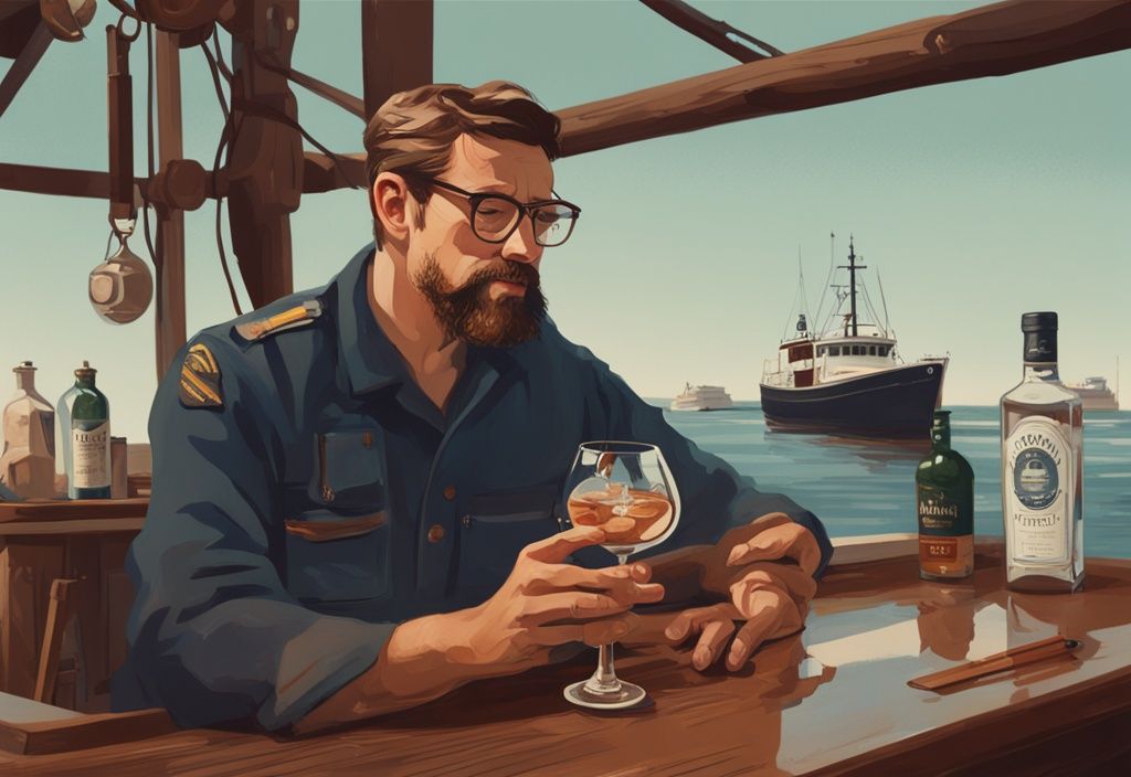 Moderner Gemäldeillustration: Hafenmeister testet Hafenmeister Gin am Hafen, mit einer Flasche Gin im Vordergrund. Hauptfarbthema braun.