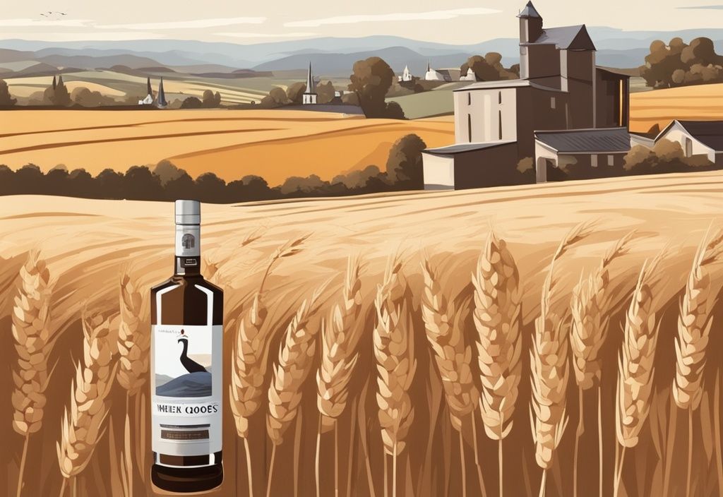 Moderne Malerei-Illustration der französischen Landschaft mit Weizenfeldern und einer Brennerei im Hintergrund, die die Grey Goose Vodka Herkunft symbolisiert.